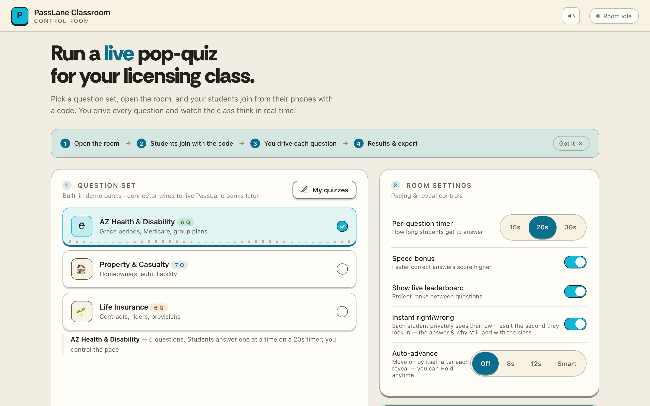 The PassLane Classroom teacher console — question sets, per-question timers, and room controls