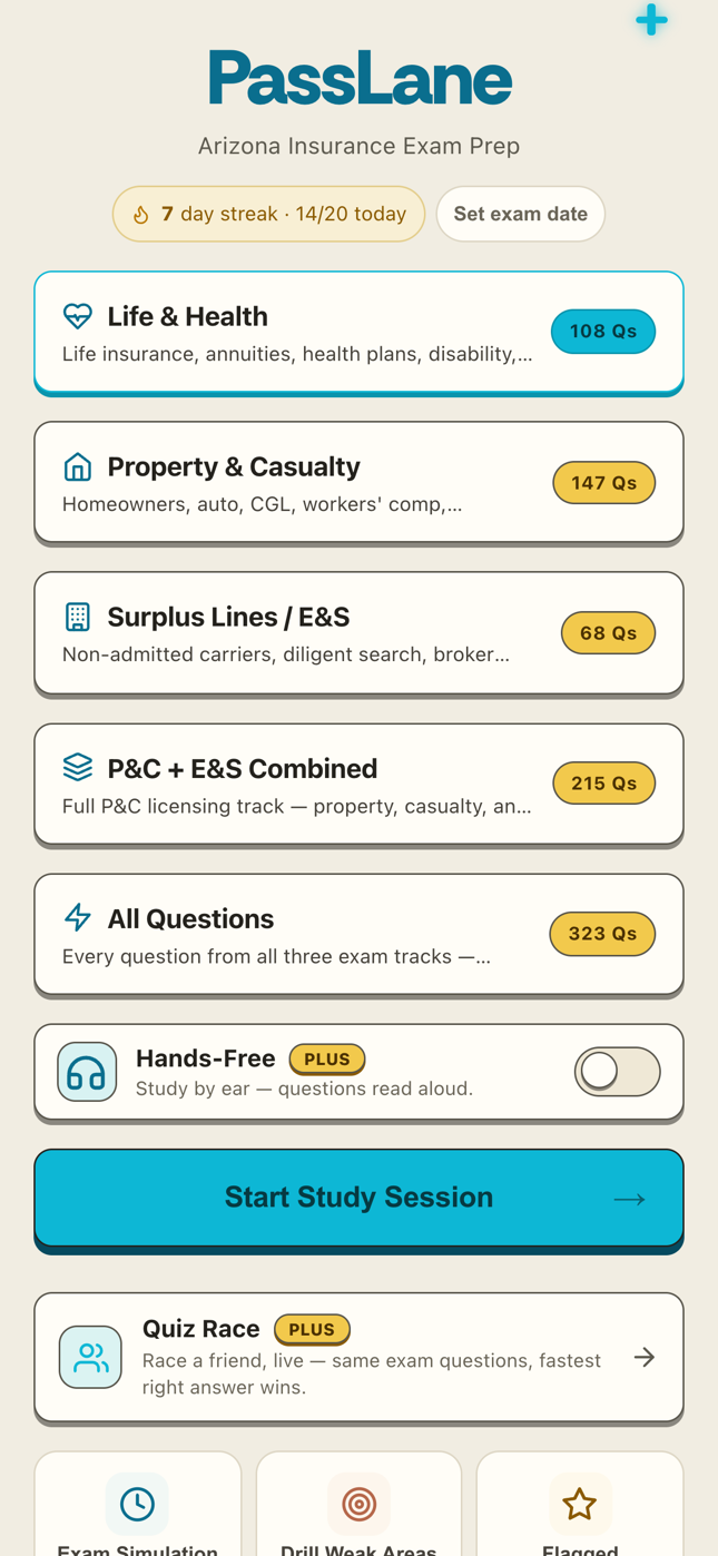 PassLane home — every license track with its real question count