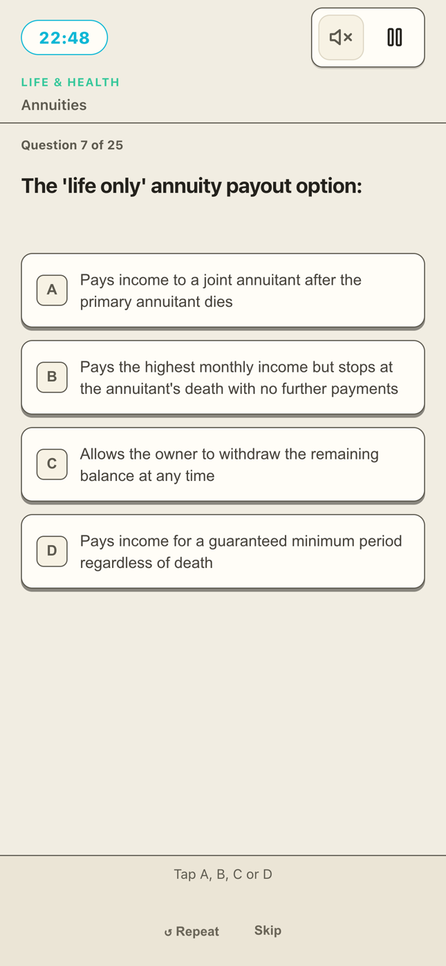 A full timed practice exam, question 7 of 25 with the timer running