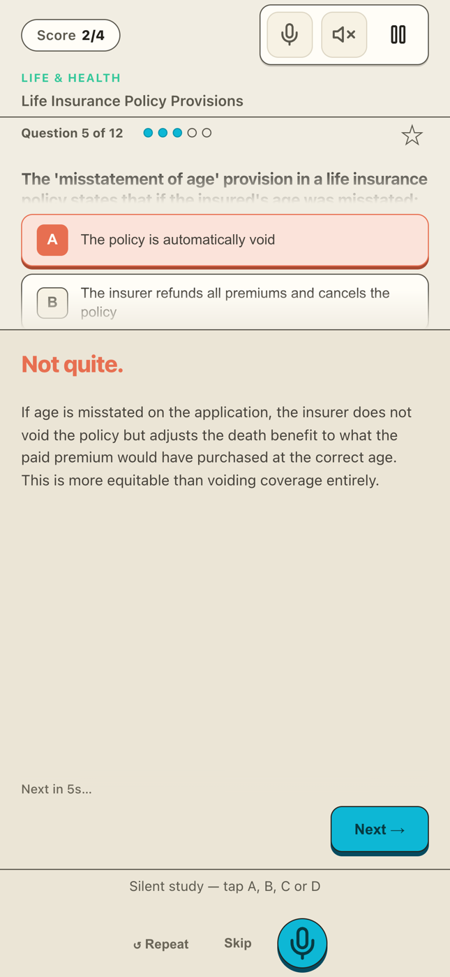 A missed question with the honest verdict and the plain-English explanation
