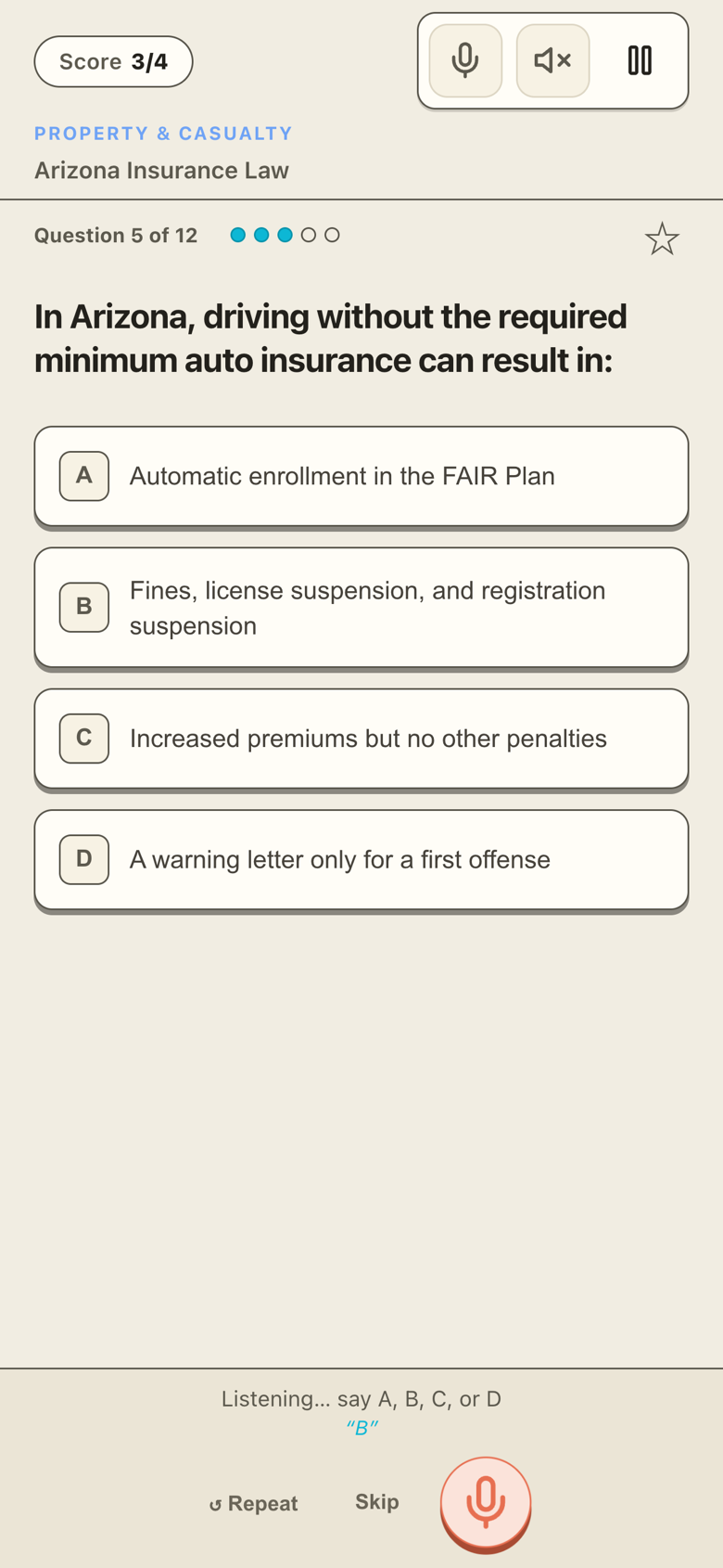 PassLane voice mode listening for a spoken answer — 'Listening… say A, B, C, or D.'